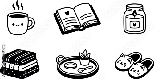 Black and white line art cozy lifestyle icons coffee book candle slippers