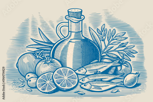 Vintage still life depicting olive oil citrus and fish arrangement