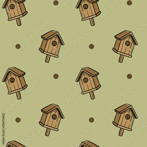 Birdhouse Seamless Pattern Wooden Nest Box Garden Illustration
