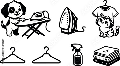 Puppy ironing clothes with cat and household items