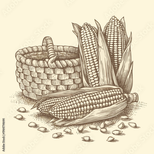 Vintage illustration of corn cobs overflowing from a woven basket