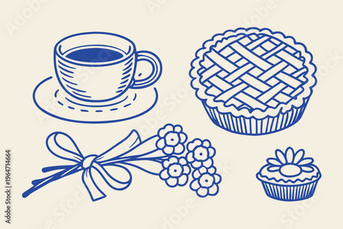 A charming blue line drawing of coffee pie flowers and a cupcake
