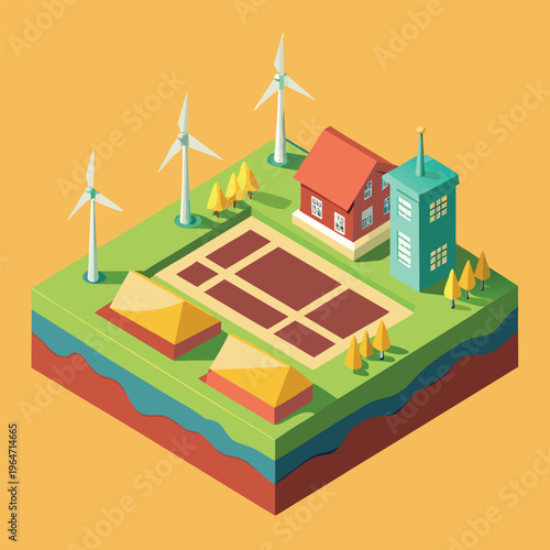 Isometric illustration of house with wind turbines and garden plot
