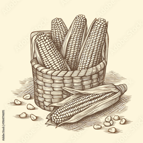 A vintage style illustration of fresh corn cobs in a woven basket