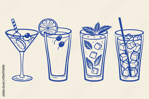 Four illustrated cocktails with olives citrus and mint garnishes