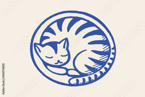 A serene illustration of a sleeping cat curled within an oval frame