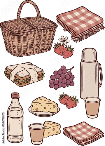 Vintage picnic basket and food collection, hand drawn summer outing elements, rustic wicker hamper with strawberries and sandwiches vector set
