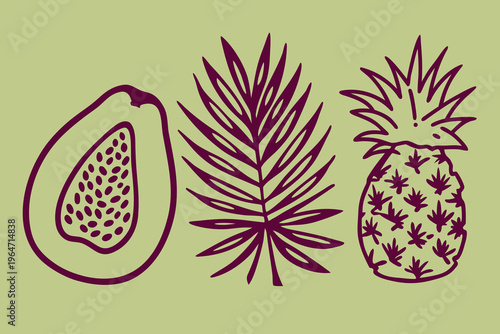 Stylized illustration of a papaya palm leaf and pineapple fruit