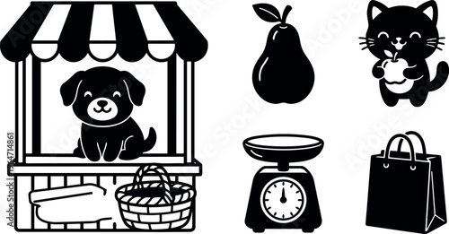 Puppy in market stall with basket and cat eating apple
