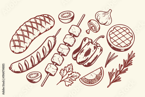 A sketch of grilled meats vegetables and herbs for a barbecue