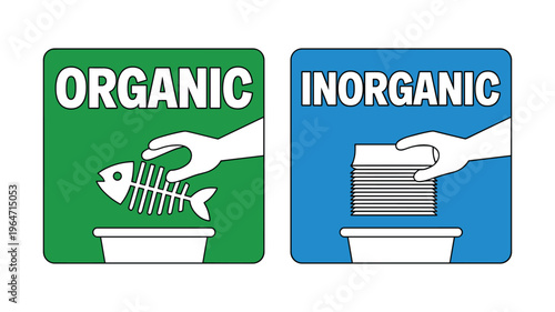 Two distinct waste sorting one green for organic fish bones and one blue for inorganic paper keywords