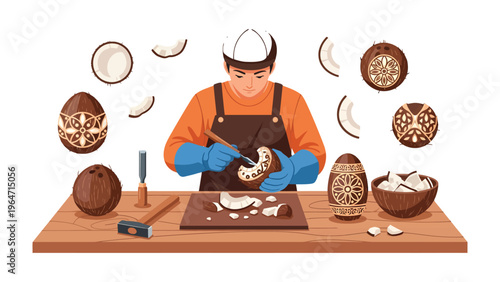 Coconut Carver: An artisan skillfully carves intricate designs into a coconut shell, showcasing the beauty of a traditional craft.