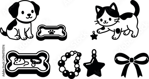 Black and white line art cute puppy and playful kitten with bone toy and star charm