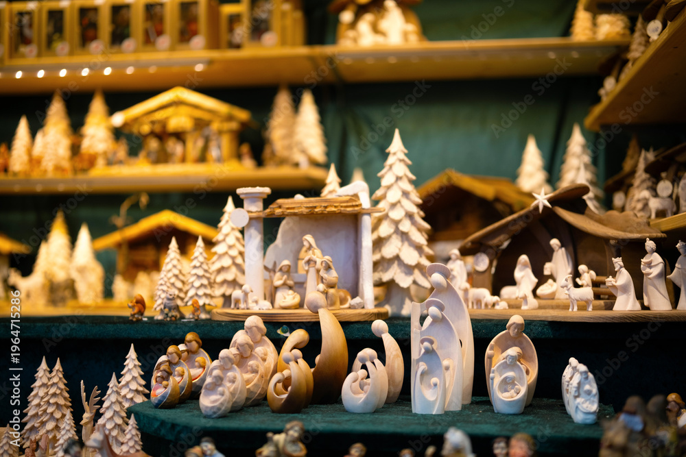 Fototapeta premium Nativity figures displayed on shelves