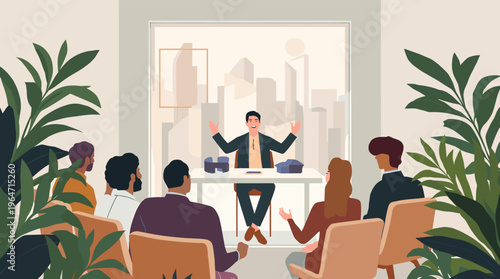 A modern abstract illustration featuring a stylized leaf design in shades of green, dark blue, and beige, conveying a sense of nature and serenity.