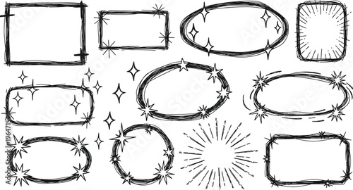 Hand drawn frames and shapes collection in black and white