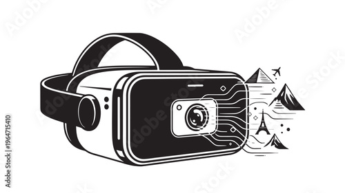 Headset virtual reality with futuristic interface and mountain scenery featuring 3D graphics, computer graphics, tech with technology and innovation