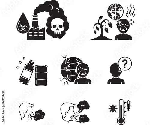 Icons environmental pollution with black silhouettes and grunge textures, depicting ecological disaster and climate change effects.