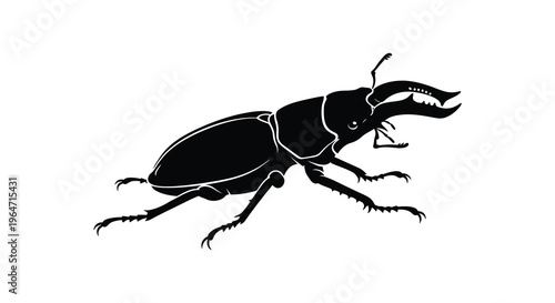A striking black silhouette of a large stag beetle with prominent horns and detailed legs silhouette high quality professional modern elegant