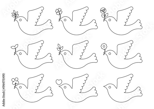 葉っぱや花を咥えた鳩の黒縁アイコンセット