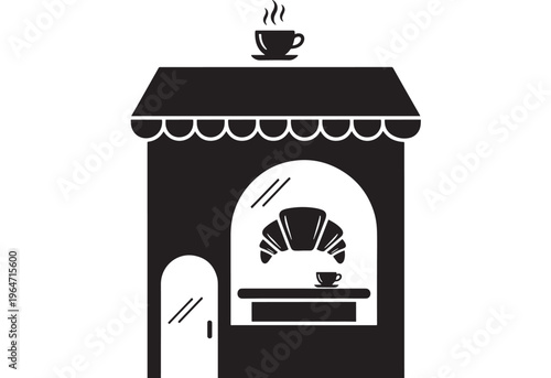 Cafe black icon with white interior and steaming cup of coffee on top featuring restaurant, illustration, vector with graphic and symbol elements for