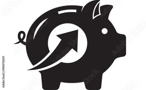 Piggy bank black icon with arrow rising through slot, symbolizing savings growth and financial planning