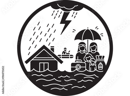 Umbrella black silhouette with stormy weather and flooded house scene featuring storm, rain, flood with natural disaster and emergency elements for
