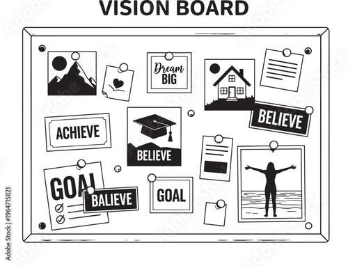 Vision board with inspirational motivational quotes and icons for goal setting and success featuring achievement, believe, dream big with achieve and