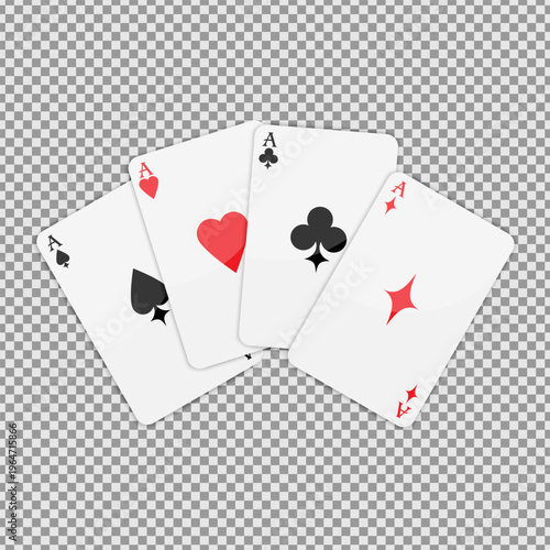 Aces playing cards including spades, hearts, clubs and diamonds fanned out on checkered background. Vector illustration