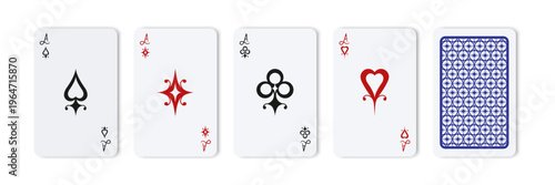 Aces of Spades, Hearts, Diamonds and Clubs. Playing cards design set with back side. Vector illustration
