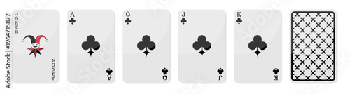 Set of high value playing cards of Clubs. Joker, Ace of Clubs, Queen, Jack and King. Playing cards with back side. Vector illustration