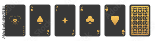 High value playing cards in black and golden colors. Joker, Ace, Queen, Jack and King. Spades, Hearts, Diamonds and Clubs. Vector illustration
