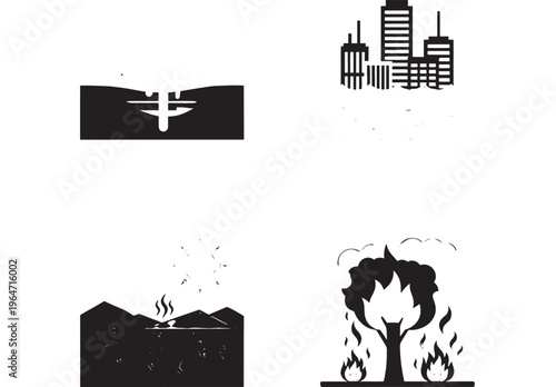 Cityscape set with burning building, plane crash, and fire illustrations featuring disaster, emergency, destruction with chaos and urban elements for