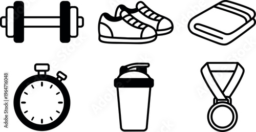 Black and white line art gym equipment icons with dumbbell shoes towel stopwatch shaker and medal