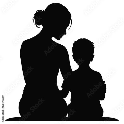 Mother and son silhouette sitting together in black and white profile view representing parenting and family bonds for community support and childcare advocacy and emotional health.