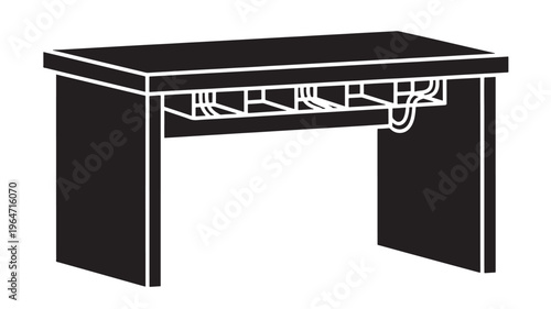 Desk office with open drawer showing inner mechanisms and white outlines on black body featuring furniture, illustration, vector with graphic and