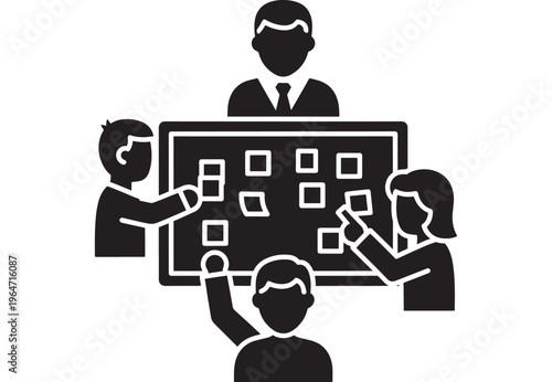 People standing around a presentation board with sticky notes and discussing ideas in a meeting featuring discussion, team, collaboration with