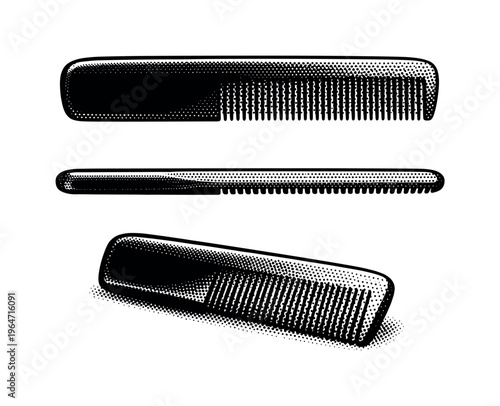 Pocket comb A compact pocket comb shown as one object, presented in top, side, and angled views highlighting shortened length and portable proportions. Black
