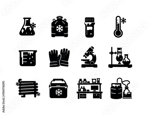 Cryogenic Science. Solid icon set of cryogenic science: laboratory flask cold, cryogenic storage tank, frozen sample vial, temperature gauge low, scientific