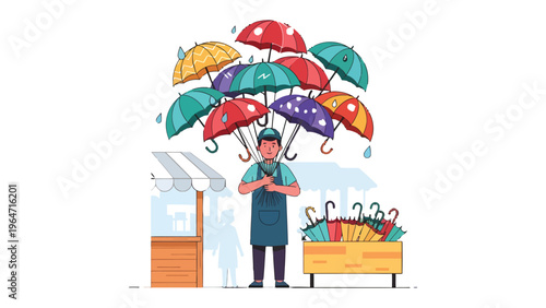 Umbrella Vendor: A cheerful umbrella vendor stands proudly in front of a market stall, surrounded by a vibrant display of colorful umbrellas. A visual story of resilience.