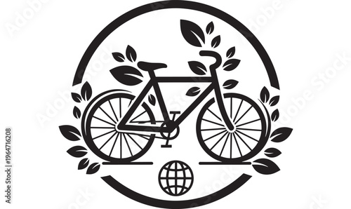 Bicycle icon with circular frame and leafy wreath around it, globe underneath featuring bike, cycling, eco with environmental and sustainable