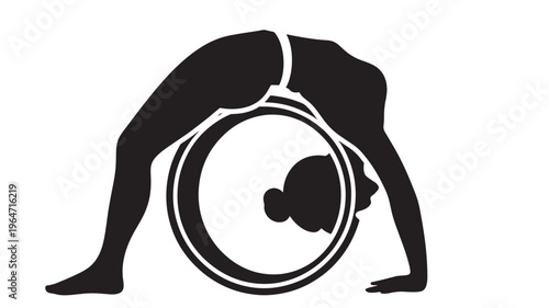Person doing yoga with wheel exercise in black silhouette graphic featuring fitness, illustration, vector with bend and stretch elements for