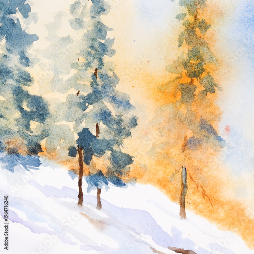 Snow starting to melt in a Pine Forest, Watercolor Landscape of early spring
