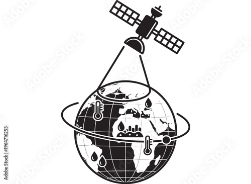 Satellite orbiting earth with solar panels and antennae in black line art style featuring globe, orbit, space with illustration and astronomy