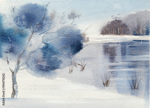 Spring Thaw on the Oka River, Watercolor Landscape of Melting Ice