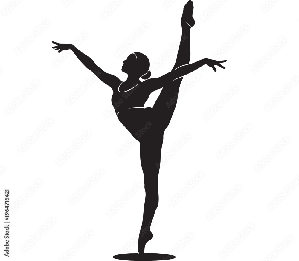 Obraz premium Dancer ballet performing arabesque pose in black silhouette with outstretched arms and leg featuring dance, performance, art with graphic and