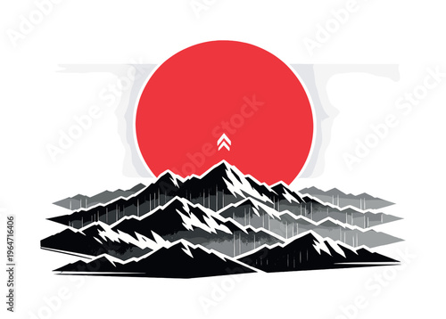 Black and white retro mountain landscape with exaggerated layered peaks fading in scale, large cropped red sun dominating upper section, abstract black and