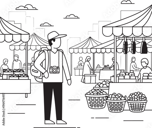 Man tourist with camera standing in outdoor market with tent stalls and baskets of fruit for sale nearby