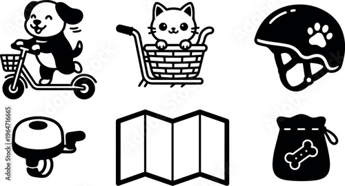 Dog on scooter cat in basket and pet helmet icons