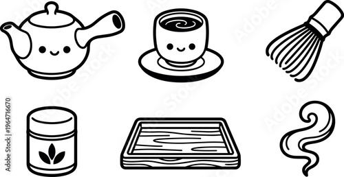 Black and white line art cute teapot cup whisk tea container tray and steam